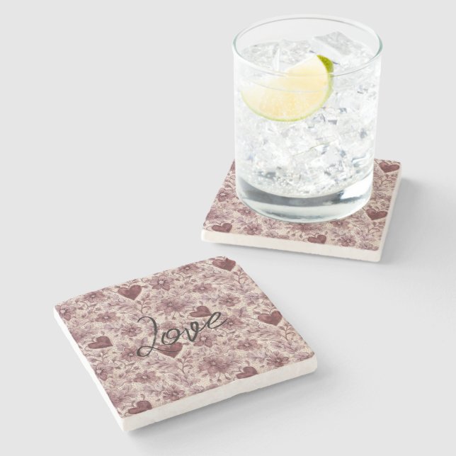 Cream Burgundy Red Hearts Flowers Stone Coaster (Side)