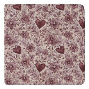 Cream Burgundy Red Hearts Flowers Trivet