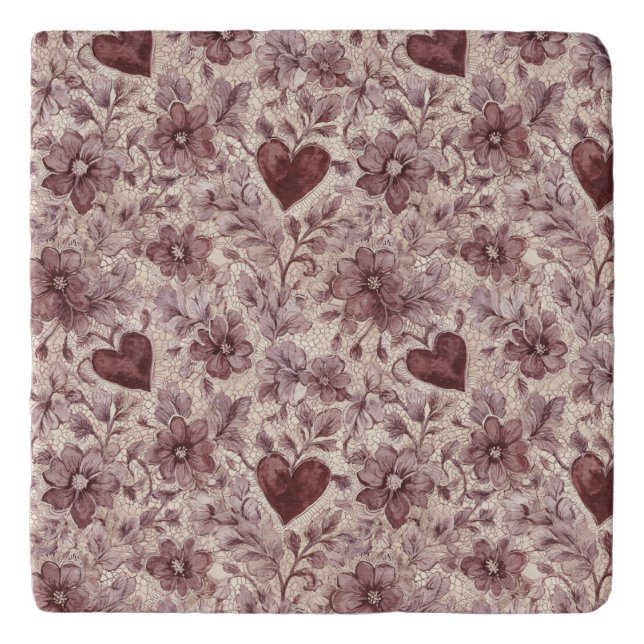 Cream Burgundy Red Hearts Flowers Trivet (Front)