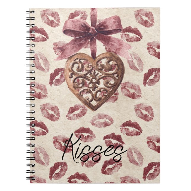 Cream Burgundy Red Lips Kisses Heart Notebook (Front)