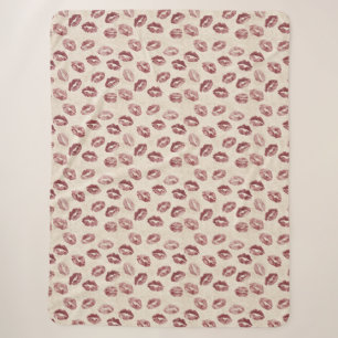 Cream Burgundy Red Lips Kisses Sherpa Blanket