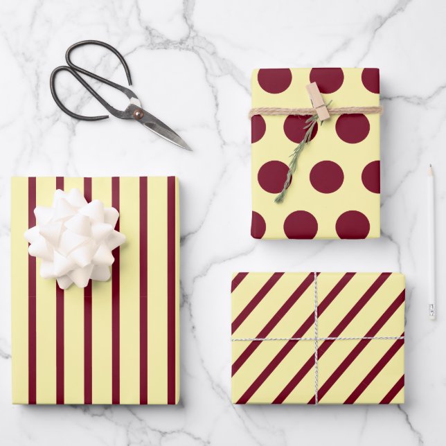 Cream Burgundy Stripe Circle Dot Wrapping Paper Sheets (Front)