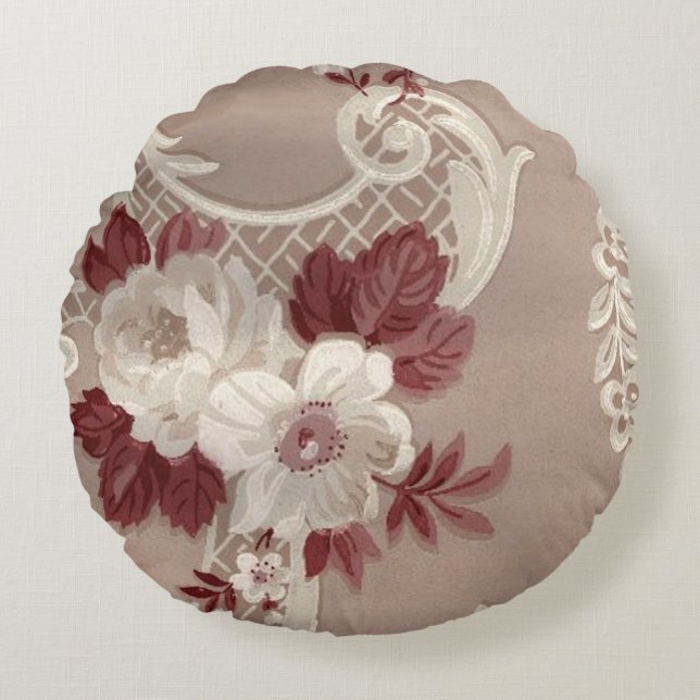 Cream & Burgundy Wallpaper Print Round Pillow (Front)