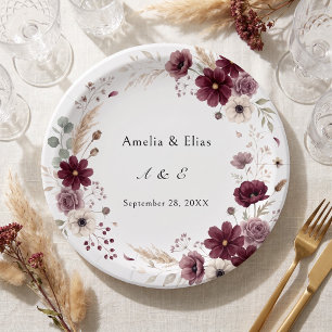 Cream Burgundy Wedding Anemone Blooms Paper Plates