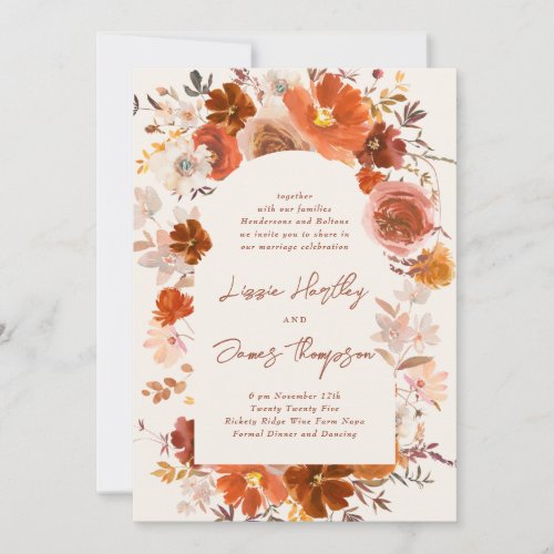 Cream Burnt Orange Floral Botanical Arch Wedding Invitation