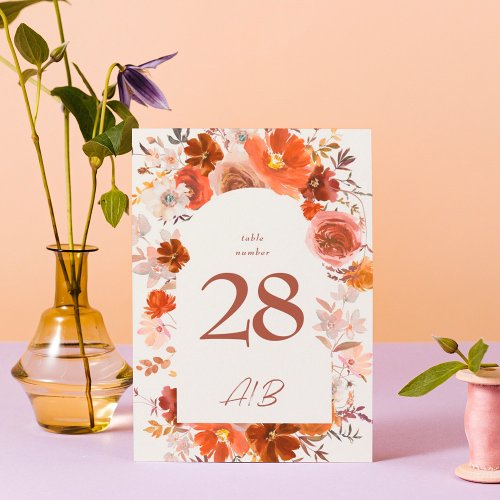 Cream Burnt Orange Floral Botanical Arch Wedding Table Number