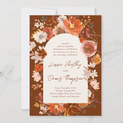 Cream Burnt Orange Floral Watercolor Arch Wedding Invitation