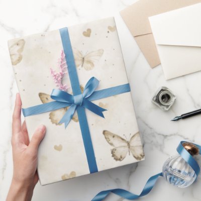 Cream Butterflies Hearts Birthday Wrapping Paper