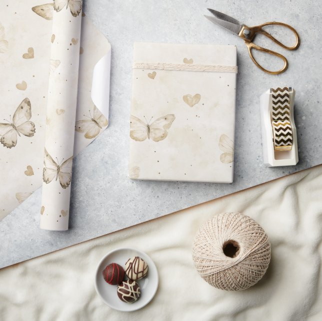 Cream Butterflies & Hearts Birthday Wrapping Paper (Crafts)