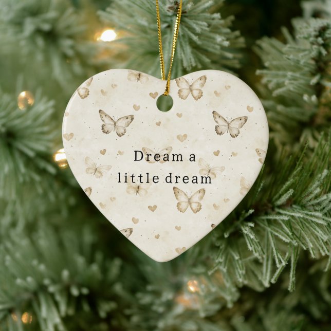 Cream Butterflies Hearts Dream Christmas Ceramic Ornament (Tree)