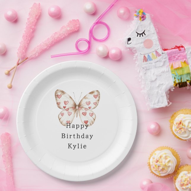 Cream Butterfly Hearts Birthday Paper Plates (Party)