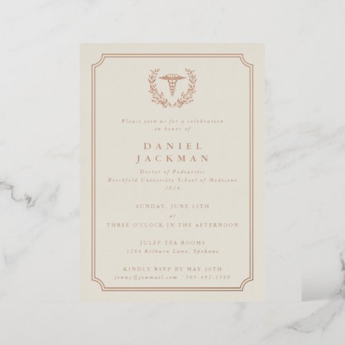 Cream CaduceusLaurel Medical School Graduation Foil Invitation