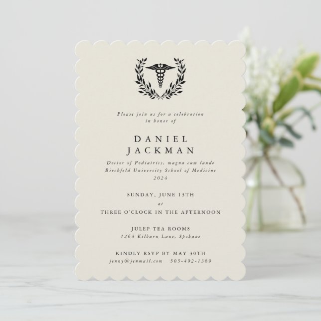 Cream Caduceus+Laurel Medical School Graduation Invitation (Standing Front)