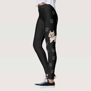 Cream Cairn Terrier Cute Cartoon Dog & Paws Black Leggings