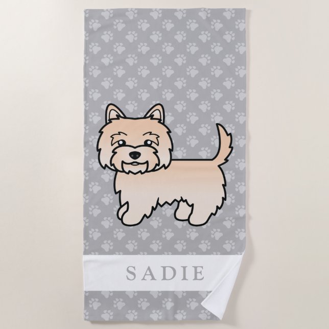 Cream Cairn Terrier Dog Drawing & Custom Name Beach Towel (Front)