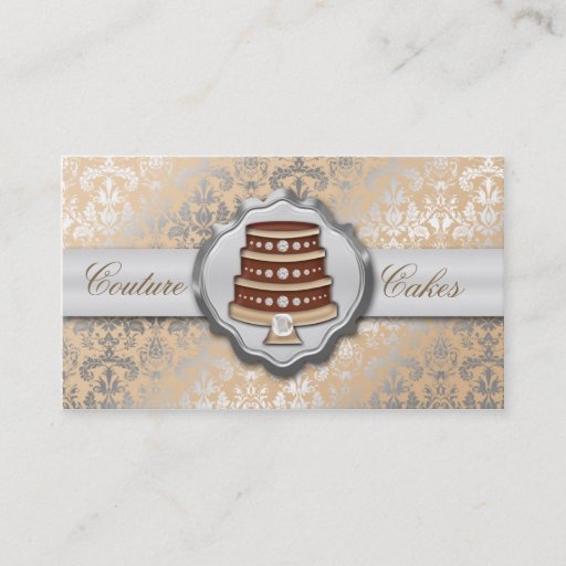 Customizable Cream Cake Couture Glitzy Damask Cake Bakery Business Card