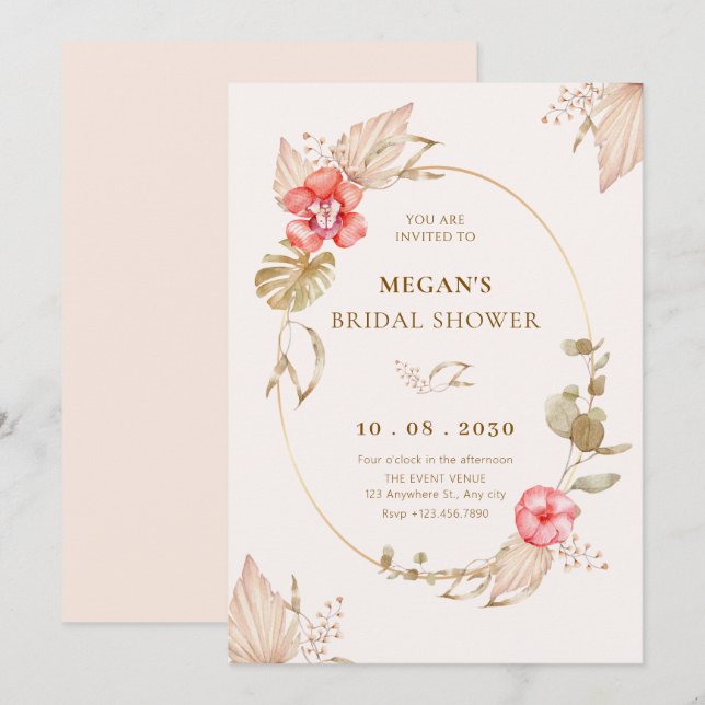 Cream calm floral elegant bridal shower invitation (Front/Back)