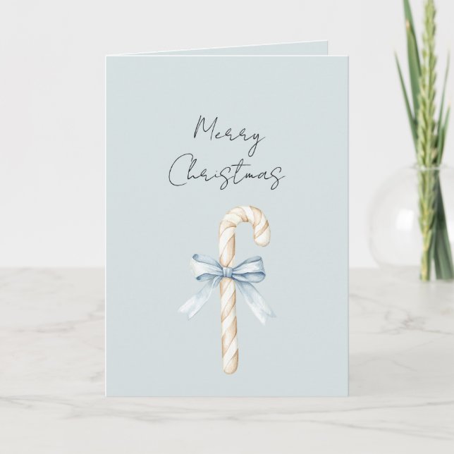 Cream Candy Canes Blue Bow Christmas Card (Front)