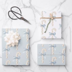 Cream Candy Canes Blue Bow Christmas Wrapping Paper Sheets