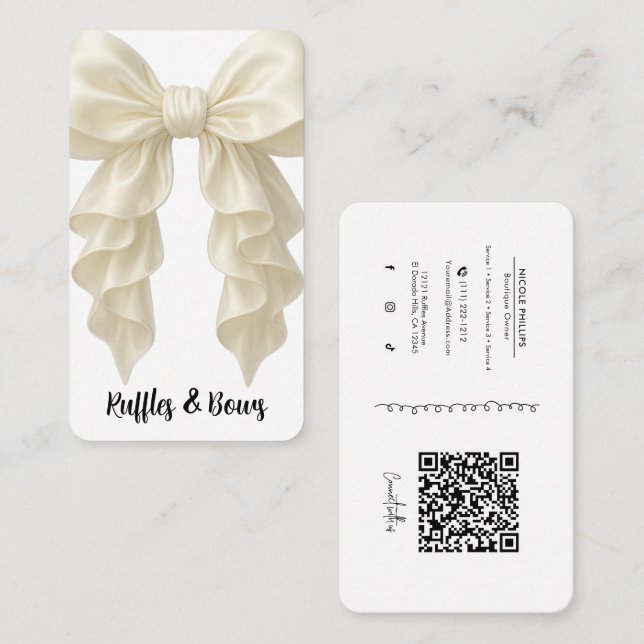 Cream Cascade Ruffle Bow Elegant Posh Boutique QR Business Card (Front/Back)