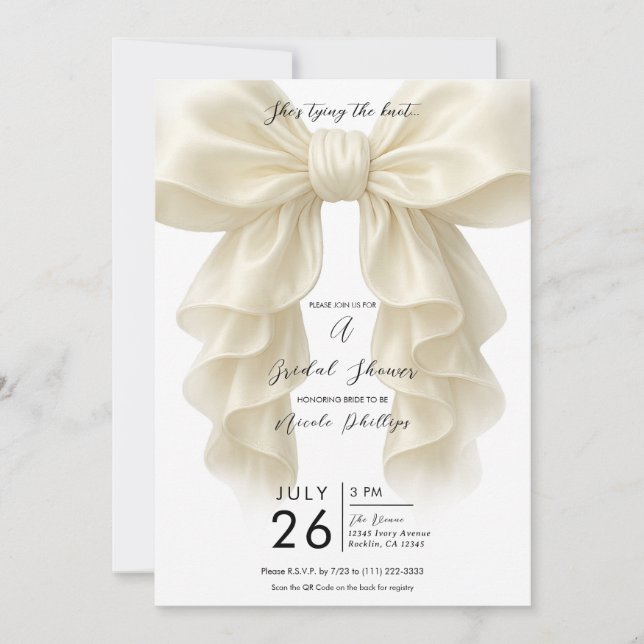 Cream Cascade Ruffle Bow Tying Knot Bridal Shower  Invitation (Front)