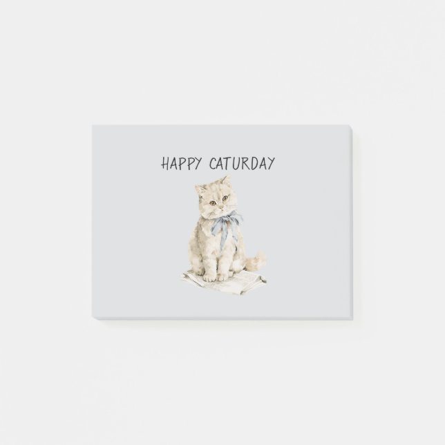 Cream Cat Blue Bow Caturday Post-it Notes (Front)