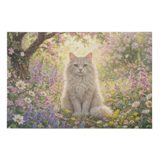 Cream Cat in Blossom Garden Painting Faux Canvas Print
