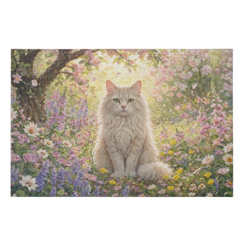 Cream Cat in Blossom Garden Painting Faux Canvas Print