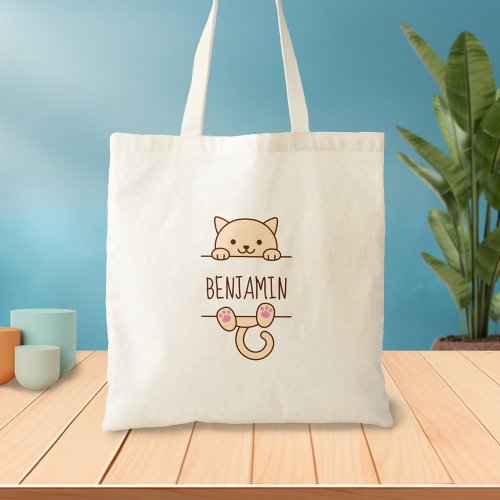 Cream Cat Peeking behind Custom Name Tote Bag