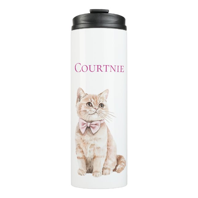 Cream Cat Pink Bow Thermal Tumbler (Front)