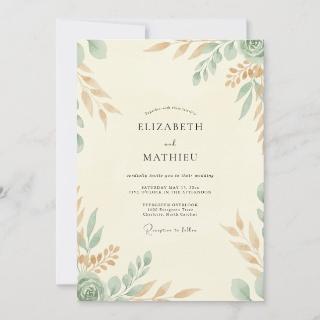 Cream Celadon Leafy Wedding Invitation (Front)