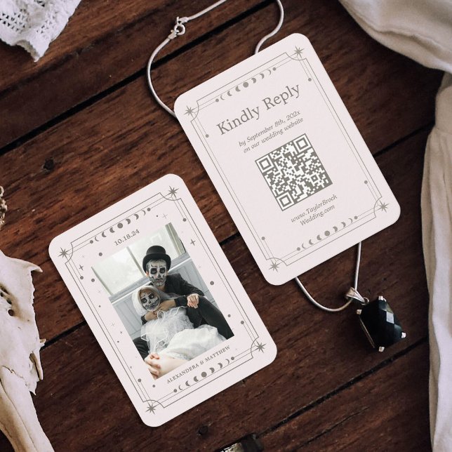 Cream Celestial Halloween Wedding RSVP Qr Code Enclosure Card (Creator Uploaded)