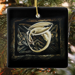 Cream Celtic Art Dragon Fantasy  Ceramic Ornament
