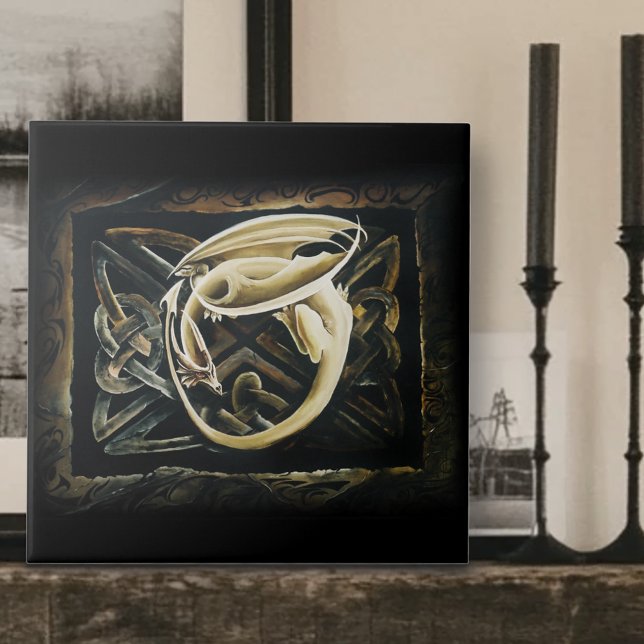 Cream Celtic Art Dragon Fantasy  Ceramic Tile (Creator Uploaded)