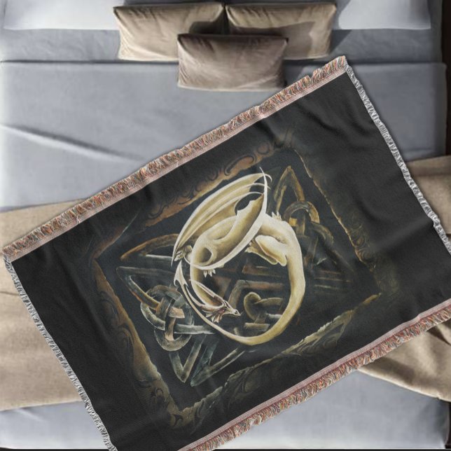 Cream Celtic Art Dragon Fantasy Throw Blanket (Creator Uploaded)