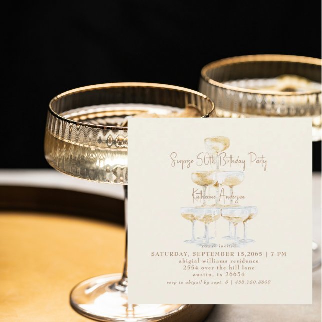 Cream Champagne Square Surprise 50th Birthday Invitation (Creator Uploaded)