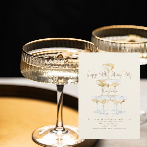 Cream Champagne Tower Surprise 50th Birthday Party