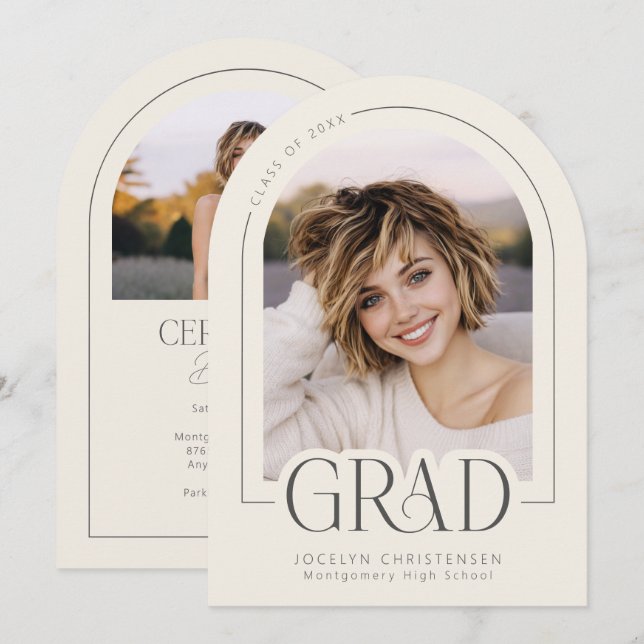 Cream Charcoal Modern Grad Photo Announcement (Front/Back)