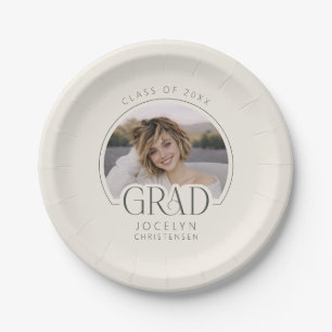 Cream Charcoal Personalized Photo Grad Party Paper Plates