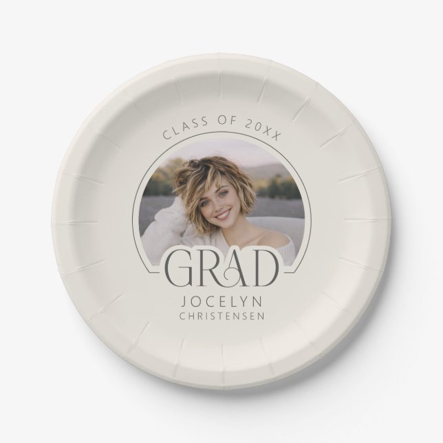 Cream Charcoal Personalized Photo Grad Party Paper Plates (Front)