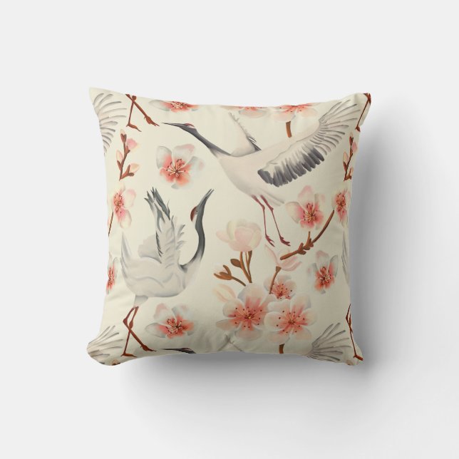 Cream Cherry Blossom Japanese Cranes Pattern Throw Pillow (Front)