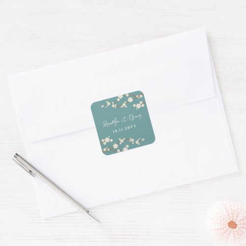 Cream Cherry Blossoms White Sakura Teal Wedding Square Sticker