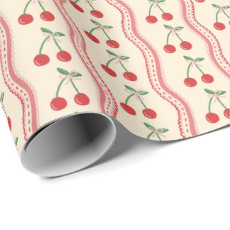 Cream Cherry Pattern with Pink Wavy Stripes Wrapping Paper