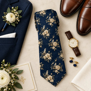 Cream Chinoiserie Bird and Peony on Indigo Navy Neck Tie