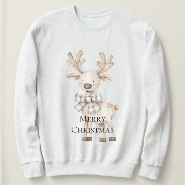 Cream Christmas Reindeer Plaid Bow Sweatshirt (Design Front)