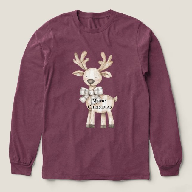 Cream Christmas Reindeer Plaid Bow Tri-Blend Shirt (Design Front)