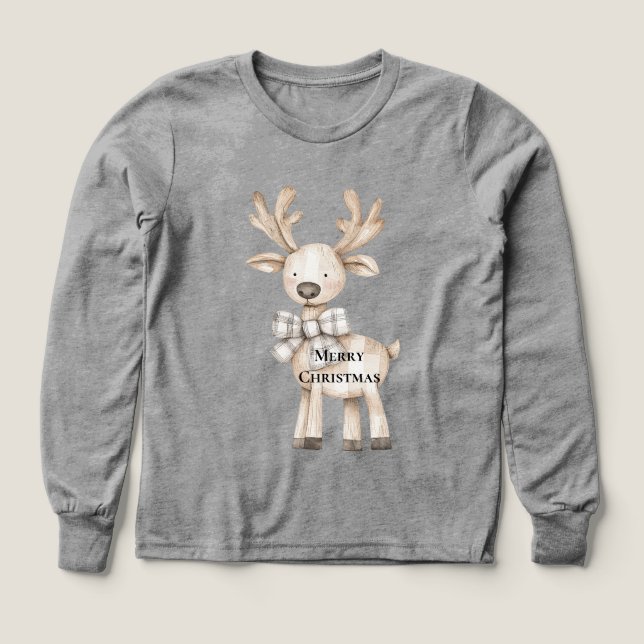 Cream Christmas Reindeer Plaid Bow Tri-Blend Shirts (Design Front)
