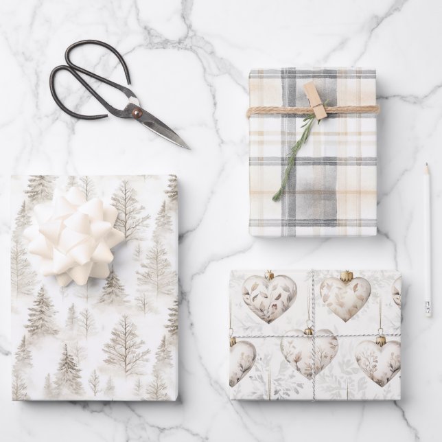 Cream Christmas Trees Hearts Plaid Stripes Wrapping Paper Sheets (Front)