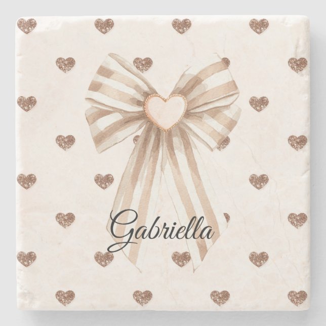 Cream Cocoa Bow Blush Pink Glitter Hearts Stone Coaster (Front)