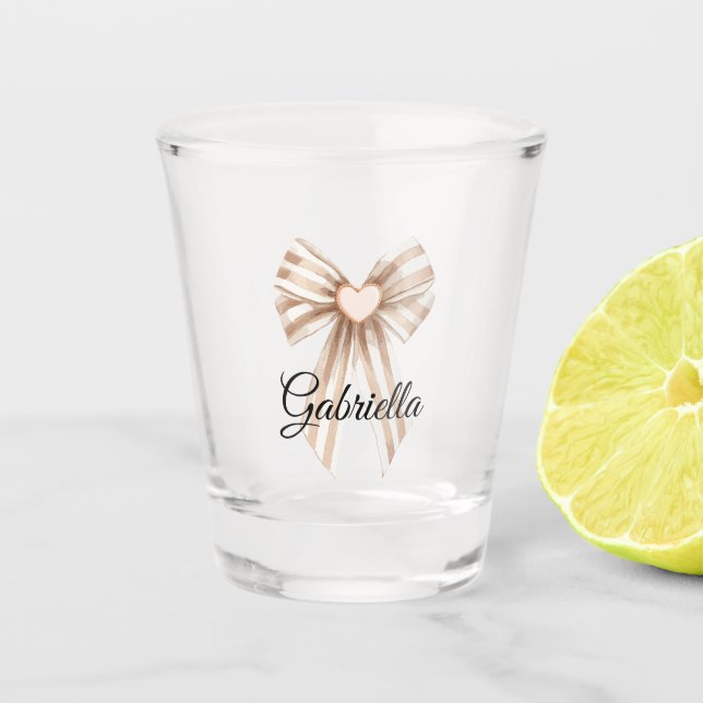 Cream Cocoa Bow Blush Pink Heart Shot Glass (Front)